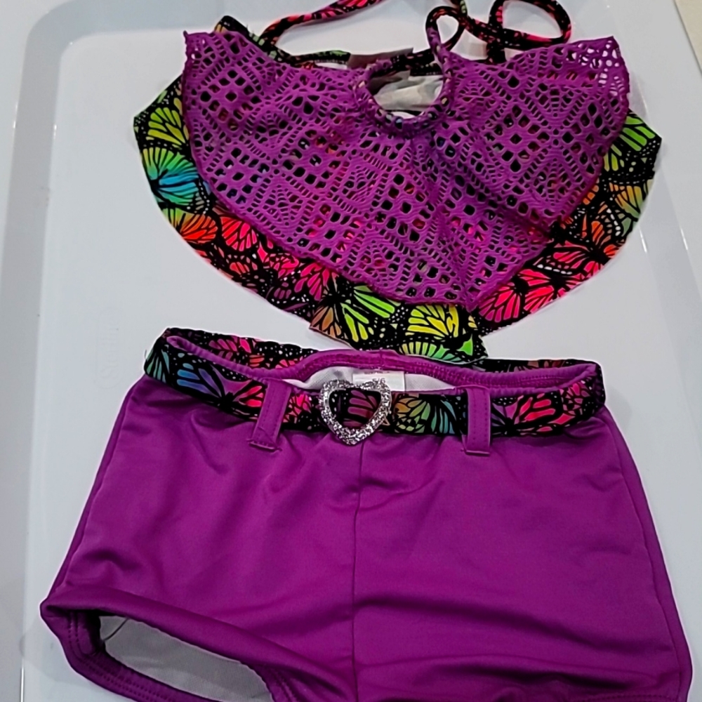 Extremely Me! Girls Purple Butterfly Print Two Piece Swim Suit, Size 5/6.